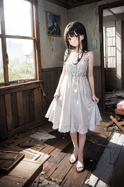  best quality 、 Abandoned house 、 dark-haired girl、 rough room 、broken wall 、( white dress)、