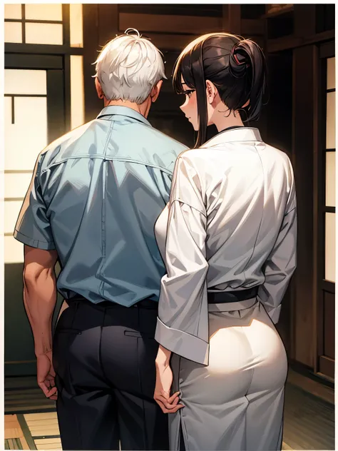 An old man is touching a dark-haired mans butt , dark-eyed Japanese girl seen from behind