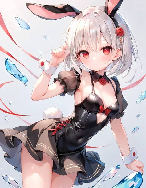 score_9, score_8_up, score_7_up, source_anime, 1girl, silver hair, rabbit ears, red eyes, black dress