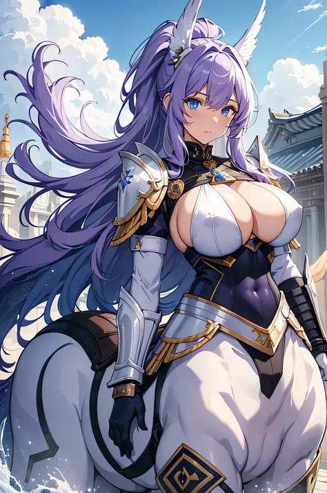 4K, Kampala,One Woman,Centaur,White purple hair, long ponytail,Blue Eyes, brown fur, huge boobs,Valkyrie,White sacred armor,Full Armor,White Armor Gloves,Winged headgear,Holy Sword,Jewelry decoration,Temple in the Sky