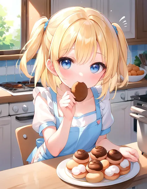 score_9, score_8_up, score_7_up, source_anime, 1girl, kitchen, apron, (eating sweets), surprised, blush, table, two side up, short sleeves, blonde hair, blue eyes, looking at viewer