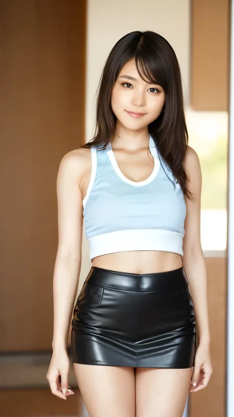 1 girl, ( blue eyes ), (smile), miniskirt 、(In the name of Mina), wide hips , tetas Big Deal s, Big Deal , ( best quality , 8k, masterpiece: 1.3), Perfect hands, clear focus : 1.2, perfect body beauty : 1.4, slim abs : 1.2, Highly detailed face a...