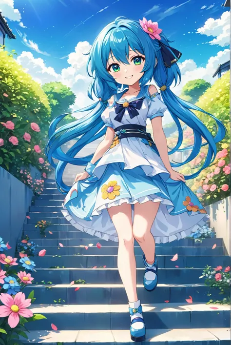  climbing the stairs leading to the sky 、Enlarged picture of the doll 。 with blue hair and flowers , Stylish anime,  cute 3d anime girl smiling　rendering,  anime style. 8k,  anime styled 3d, Cute Anime girl, Cute Anime,   anime stylized  ,  CUTE ART STYLE ...