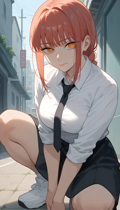 (((makima from chainsaw man))), squatting, busty, ultra detailed, accurate, anime_background.