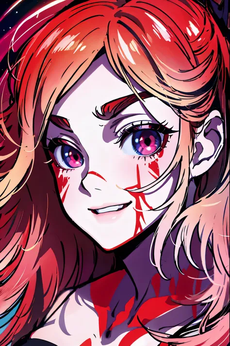 pel portrait image of a woman with long light blond, streaked with lots of red highlights, hair with two colors (blond and red) , big red bloody eyes, she wears social clothes and have a lot of ((tattoos on her body)). She is smiling like a villain,, big e...