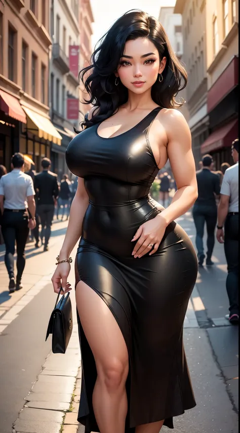 A beautiful woman with short, wavy black hair and a voluptuous body, featuring an Asian face and a detailed physique. She has a light, inviting smile and sparkling green eyes, looking directly at the viewer. Dressed in a stylish, fitted black dress that ac...