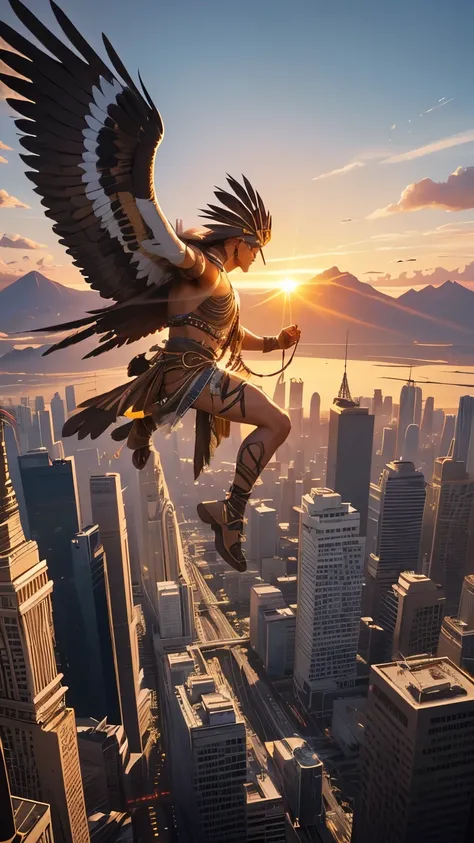 a full-body, cinematic image of cauã, a native american man aged 50, who is half-human, half-hawk. he flies majestically over a ...