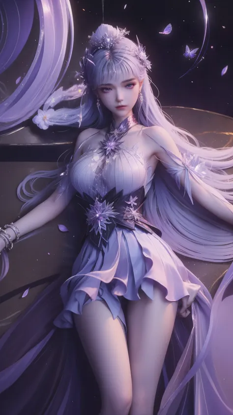A Beautiful Woman in a Long Purple Dress ,The skirt flutters gently in the air,Beautiful woman lying among beautiful flowers,Flowers surround her, Chinese tradition, Her flexible body strengthens with every movement, So charming, Faint Candlelight , The ...