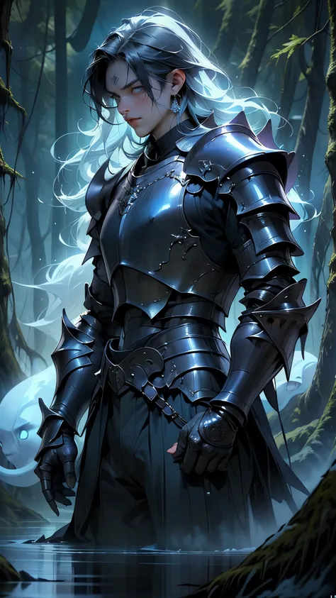 ghost,((male ghost:1.5)),ghost knight, Burnt armor, blue fire-color reflected armor, demonic dragon inspired armor, corrupted armor, gothic armor, black and blue colored armor, black gears,

((blue-armored male warrior:1.5)),Elaborate heavy armor,Blue Ghos...