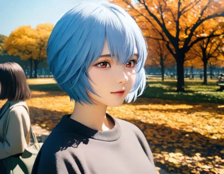 (best quality, 8k, high resolution:1.2), 1girl, ayanami_rei, green park, autumn, upper body