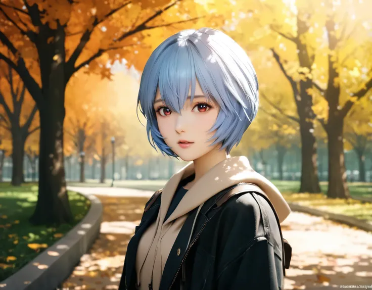 (best quality, 8k, high resolution:1.2), 1girl, ayanami_rei, green park, autumn, upper body