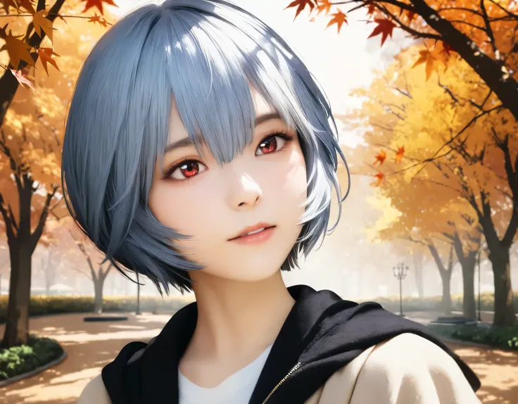 (best quality, 8k, high resolution:1.2), 1girl, ayanami_rei, green park, autumn, upper body