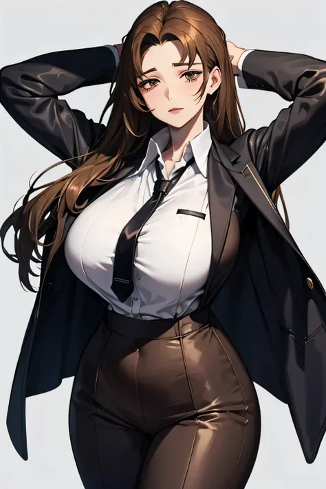 Rodion from limbus company,  brown hair , 1 girl, huge breasts, huge hips, business suit, the chest falls out of the jacket, shirt under the jacket, white shirt,  full length , 