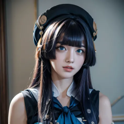 ((best quality)), ((masterpiece)), (detailed), perfect face, pela (honkai star rail), sleeveless military uniform, straight hair, hime cut hair, dark blue hair, black beret, light blue eyes