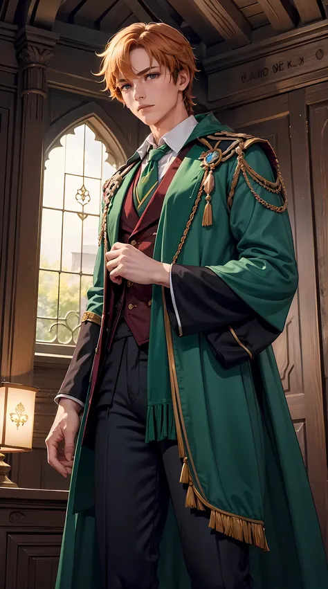 Beautiful orange hair man is shown to have a athletic figure, He is wearing Hogwarts green witch robes, green robes, British green school uniforms under robes, school vest and tie, he has blue eyes,Guy is standing in front of castle , sexy session, posing,...