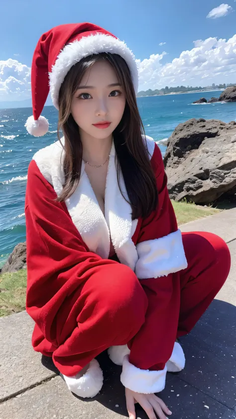 With high definition images，(8k, RAW Photos, Best Quality, masterpiece: 1.2),  ultra detail with flowers on hair,  super resolution, (Genuine, Genuine photos: 1.37)Facial details,  Red Santa Claus Costume、Under a bright sky 、On the Hill Overlooking the Ocean 、 full body high quality images 