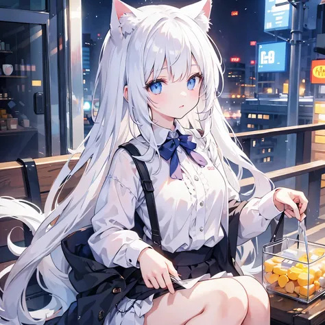 1 Girl, This will be,  Viewers , White hair,  nothing , Cat ears, Cat&#39;s Tail,  white shirt,  open dress  , City, Hakuko Tomoe 