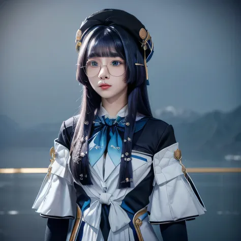 ((best quality)), ((masterpiece)), (detailed), perfect face, pela (honkai star rail), straight hair, hime cut hair, dark blue hair, light blue eyes, black beret, round glasses, white uniform, detached white sleeves, black gloves, light blue tie, white ribb...