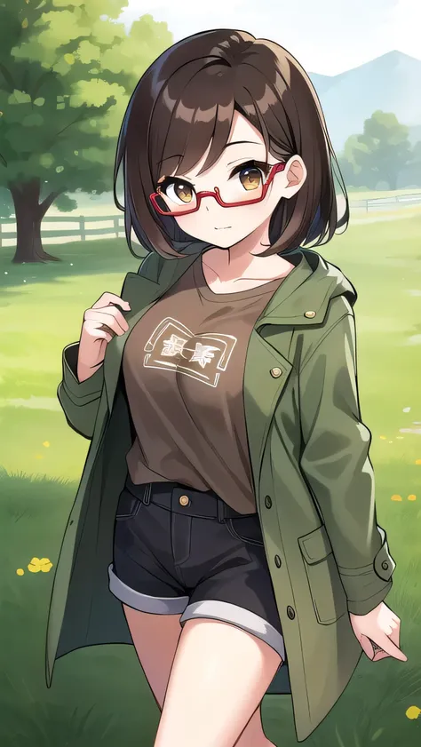 Long bangs, brown hair, red glasses, brown eyes, (large breasts: 1.0), medium hair, boyish, green coat, brown T-shirt, Beige shorts, elementary school student, very short, hairpin, young face, strong-willed personality, , young girl, round eyes, long black...