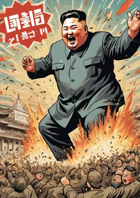 Vintage comic book cover illustration of old and fat Kim Jong Un angry and laughing manically over the Kim Il Sung Square exploding, The title (Mansee:1.5), vintage dirt, dirt of aging,