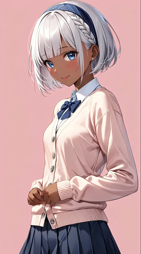 perfect anatomy, super detailed skin, Best Quality、masterpiece, a girl, Alone, Beautiful silver hair、((((Very short hair))))、blue eyes, (dark skin:1.1), (hair band), Blunt bangs, small Chest,  Tight Butt、24-years-old, (tsurime), Slender、Beautiful Face、 Thi...