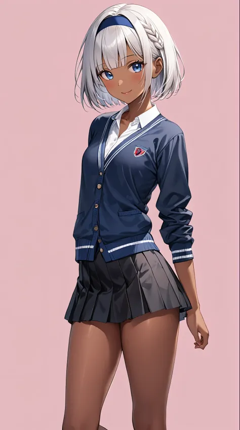 perfect anatomy, super detailed skin, Best Quality、masterpiece, a girl, Alone, Beautiful silver hair、((((Very short hair))))、blue eyes, (dark skin:1.1), (hair band), Blunt bangs, small Chest,  Tight Butt、24-years-old, (tsurime), Slender、Beautiful Face、 Thi...