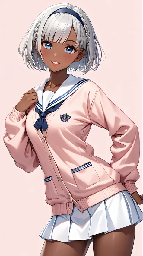 perfect anatomy, super detailed skin, Best Quality、masterpiece, a girl, 24 years old, Alone, Beautiful silver hair、((((Very short hair))))、blue eyes, (dark skin:1.1), (hair band), Blunt bangs, small Chest,  Tight Butt、24-years-old, (tsurime), Slender、Beaut...