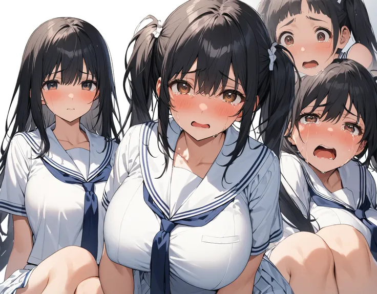 Alone:1.3 close-up black hair with facial expressions :1. 3 twin-tail middle hair with brown eyes, round eyes, white bows, big breasts, thick legs, dark blue ties, dark blue ties in a white summer sailor suit:1. 3 high school girls crying with tears at the...