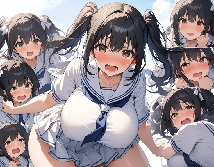 Alone:1.3 close-up black hair with facial expressions :1. 3 twin-tail middle hair with brown eyes, round eyes, white bows, big breasts, thick legs, dark blue ties, dark blue ties in a white summer sailor suit:1. 3 high school girls crying with tears at the...