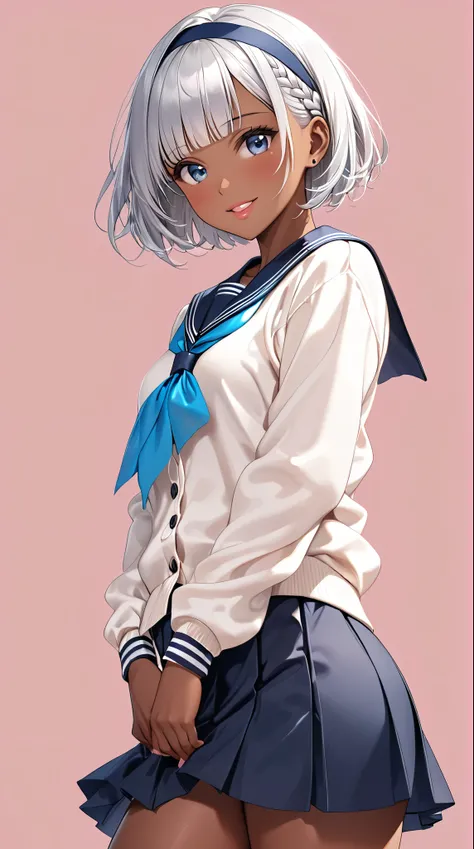 perfect anatomy, super detailed skin, Best Quality、masterpiece, a girl, 24 years old, Alone, Beautiful silver hair、((((Very short hair))))、blue eyes, (dark skin:1.1), (hair band), Blunt bangs, small Chest,  Tight Butt、24-years-old, (tsurime), Slender、Beaut...