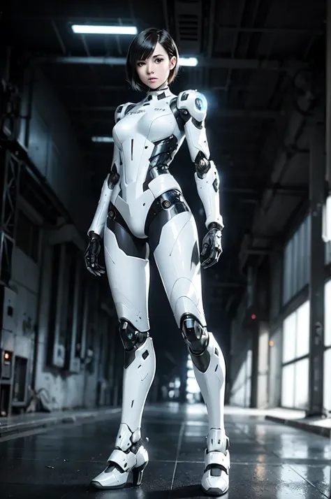 A beautiful young woman robot wearing white and black mecha-inspired attire, with short hair and a elegant expression, standing in the background of an abandoned factory. He is wearing high-tech full body armor with tight curves, in a cyberpunk style. This...