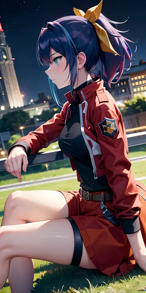 1 Female,High definition,high resolution,Ultra-realistic,8K, aaserena, ponytail,(multicolored hair),green eyes,black shirt,jacket,belt,red skirt,(shorts under skirt), tight skirt, miniskirt,European,sexy,Upper body close-up,Photographed from the front,Dyna...