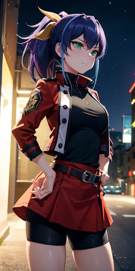 1 Female,High definition,high resolution,Ultra-realistic,8K, aaserena, ponytail,(multicolored hair),green eyes,black shirt,jacket,belt,red skirt,(shorts under skirt), tight skirt, miniskirt,European,sexy,Upper body close-up,Photographed from the front,Dyna...