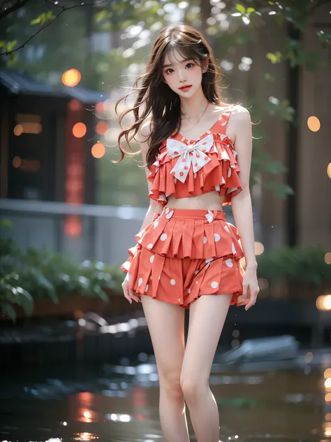 cute swimsuit, polka dot bikini, frills, bow, halterneck ,((full body)), (Asian beauty: 1.3), girl, solo, (toned body: 1.2) (naturally large breasts: 1.1), (visible cleavage: 0.8) (smooth flawless skin: 1.2), (perfect anatomical proportions: 1.3) (Naturall...