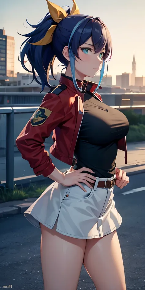 1 Female,High definition,high resolution,Ultra-realistic,8K, aaserena, ponytail,(multicolored hair),green eyes,red jacket,black shirt,belt,white skirt, tight skirt, miniskirt,European,sexy,Upper body close-up,Photographed from the front,Dynamic Angles,priv...