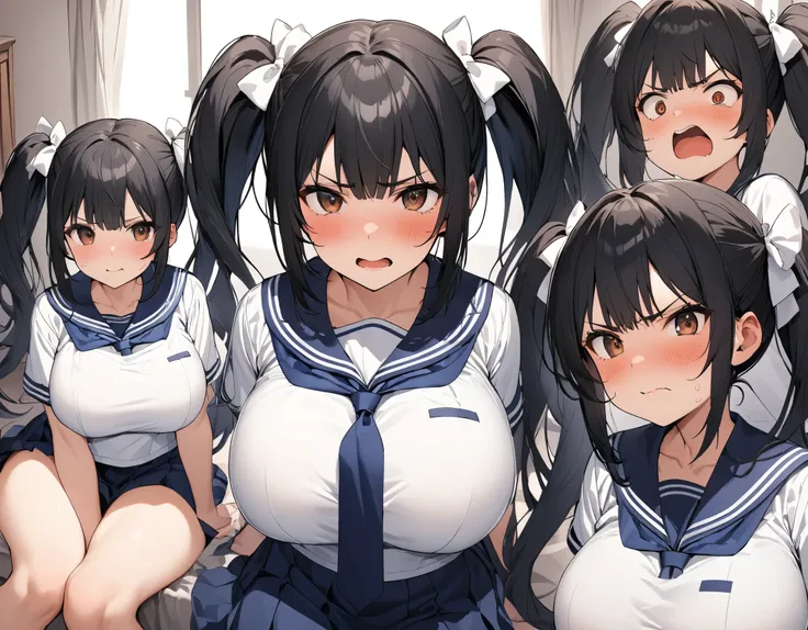Alone:1.3 close-up black hair with facial expressions :1. 3 twin-tail middle hair with brown eyes, round eyes, white bows, big breasts, thick legs, dark blue ties, dark blue ties in a white summer sailor suit:1.3 high school girls are sitting on the bed in...