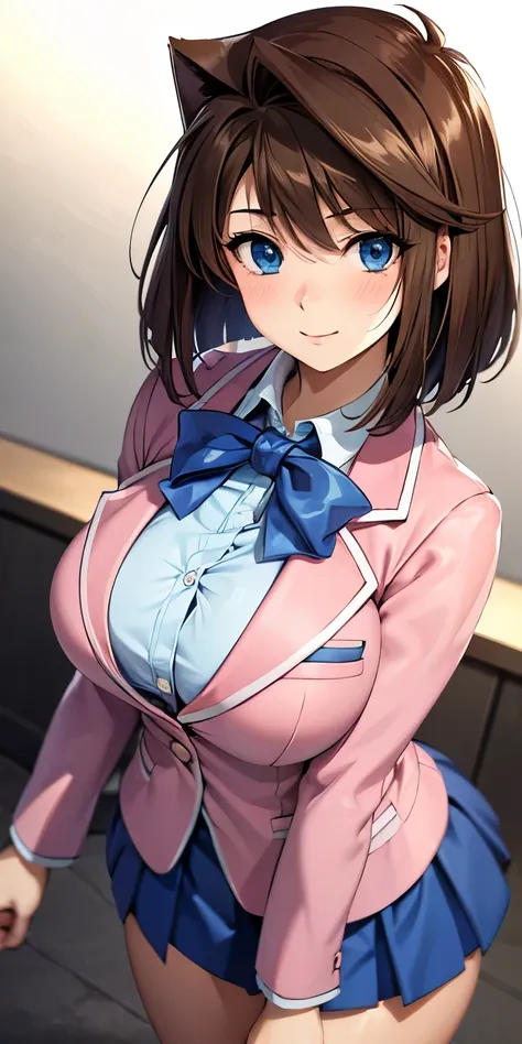 1 Female,High definition,high resolution,Ultra-realistic,8K, aamazaki, (antenna hair:1.2), blue eyes,blue bowtie, pink jacket, blazer, long sleeves, blue skirt, tight skirt, miniskirt,pleated skirt, large breasts,European,sexy,Upper body close-up,Photographed from the front,Dynamic Angles,(blush), (medium tits) ,wide thighs , perfect face , perfect body 