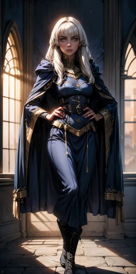A woman with long platinum blonde hair, choppy bangs, arched crescent eyebrows, sharp and determined eyes, a delicate oval face, a excited expression, a fantasy-style dark blue military coat, draped with a dark pink waist-length cloak, leather combat boots...