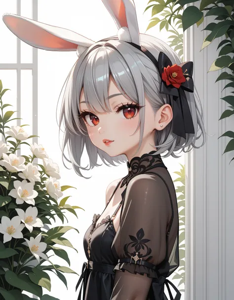 score_9, score_8_up, score_7_up, source_anime, 1girl, silver hair, rabbit ears, red eyes, black dress