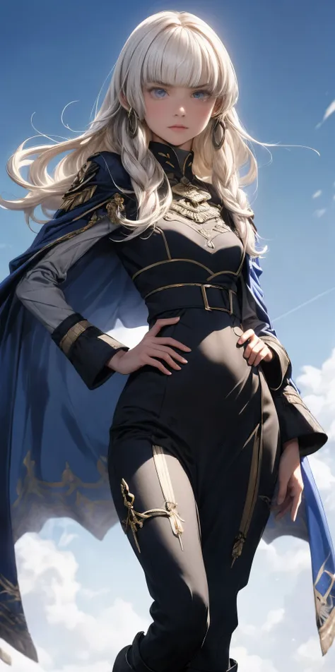 A woman with long platinum blonde hair, choppy bangs, arched crescent eyebrows, sharp and determined eyes, a delicate oval face, a excited expression, a fantasy-style dark blue military coat, draped with a dark pink waist-length cloak, leather combat boots...