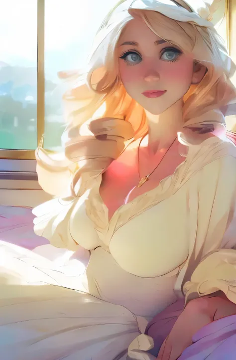blond woman in white dress sitting in bed with a necklace on, a pastel inspired by Rosalie Emslie, tumblr, rococo, in style of petra collins, petra collins, imogen poots, ( ( emma lindstrom ) ), sydney sweeney, natalia dyer, betty cooper, lofi girl aesthet...