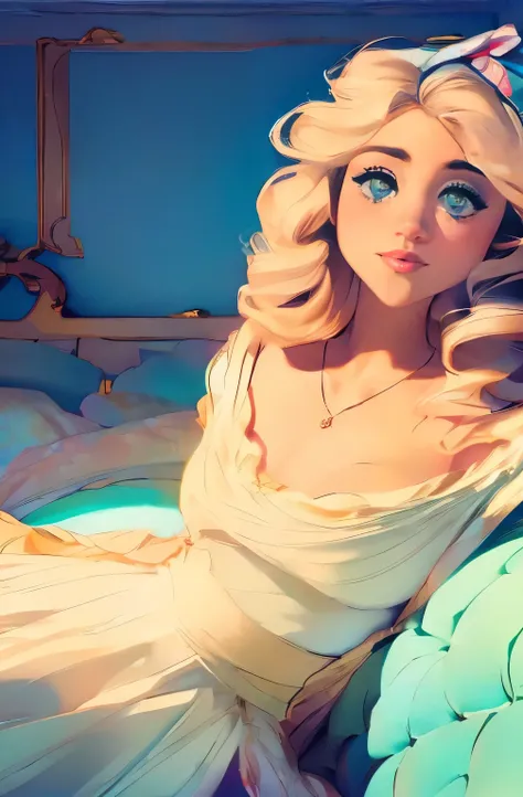 blond woman in white dress sitting in bed with a necklace on, a pastel inspired by Rosalie Emslie, tumblr, rococo, in style of petra collins, petra collins, imogen poots, ( ( emma lindstrom ) ), sydney sweeney, natalia dyer, betty cooper, lofi girl aesthet...