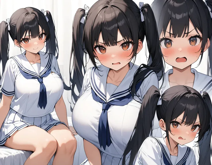 Alone:1.3 close-up black hair with facial expressions :1.3((( twin tails:1.3)))Navy blue pleated skirt with medium hair, brown eyes, white ribbons, big breasts, thick legs, dark blue ties wearing a white summer sailor suit:1.3 high school girls are sitting...