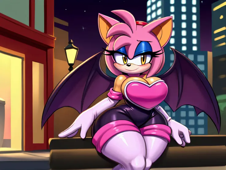 amy rose (  cosplay by rouge the bat )orange eyes , flirtatious look, blushing, cats/big breasts ears,  big thighs,in the city ,...