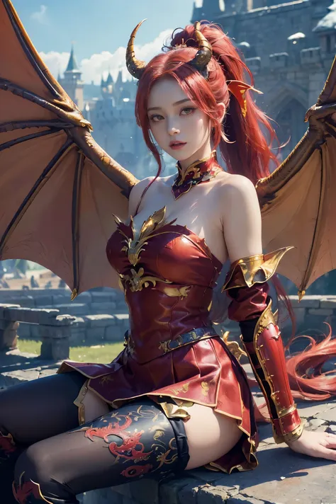 (Absurdly,high quality ,  very detailed,32K、High image quality、Ultra HD、 Golden Ratio Face 、 woman、 See Photographer )、((( ponytail)))、((( Red Dragon Queen 、Huge horns and wings、 Add Devil Elements )))、(((Beautiful detailed and colorful dragon costume、 miniskirt 、Add shoulder armor )))、((( Dragon Patterned Pantyhose and Boots )))、(((Perfect limbs)))、(masterpiece, 最high quality, 最high quality, Official Art, Beauty and aesthetics: 1.2)、(((soft light、Castle Background)))