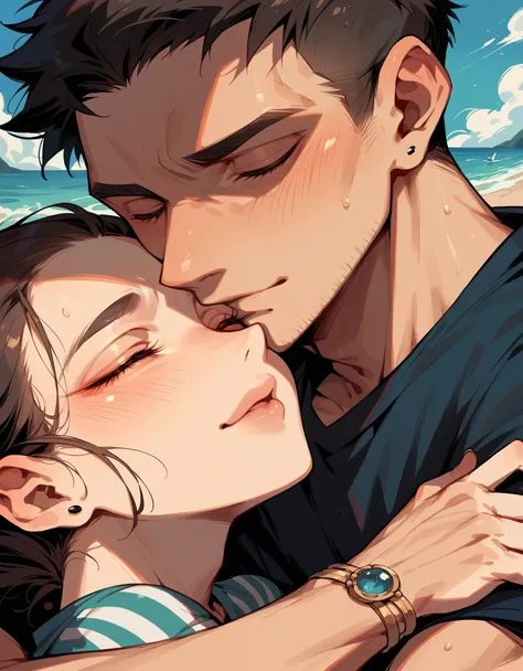A man and a woman hugging each other at the seaside,Frame 1:1, close eyes