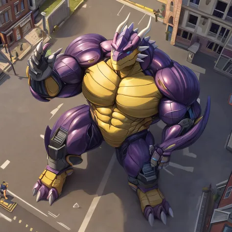 The as big as a building  exoskeleton dragon  in the small street， exoskeleton dragon (massiv:3.0,big muscle:1.1( heavyweight,stark,Macro, Emphasize the huge size,  Stepping on the ruins)),background(( the collapsing building, raise small spoke ,the little...