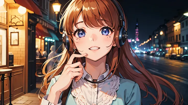  1 GIRL WITH HIM、Cafe、8k、 best quality 、Cute eyes、 headphones、midnight、Emotional、 fun atmosphere 