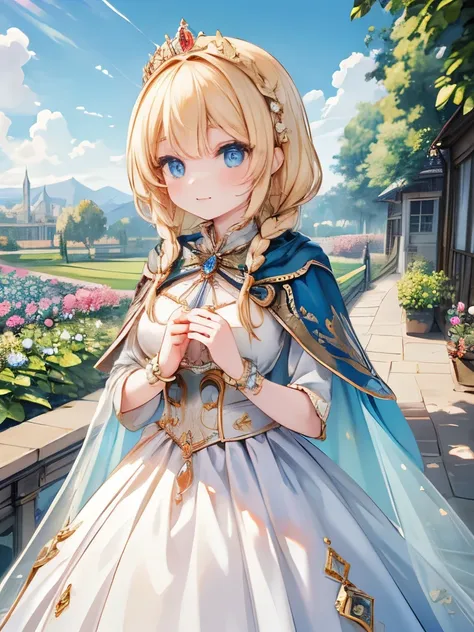 masterpiece, Best Quality,  very detailed , 16k,   super high resolution  ,  cowboy shot , Detailed face, Perfect fingers,  woman, ,  blue eyes , blonde,  braid, royal palace, garden, , Long train dress and cape