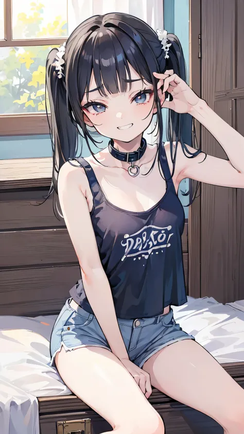 ((masterpiece、Best Quality、 very detailed ))、One Girl、Black Hair、twintails、blunt bangs、Grey Eyes、evil smile、(( clench teeth))、Small breasts、((white tanktop))、With collar、((Light blue short shorts ))、 cowboy shot 、Sit on the bed、(( dim room sitting in a woo...